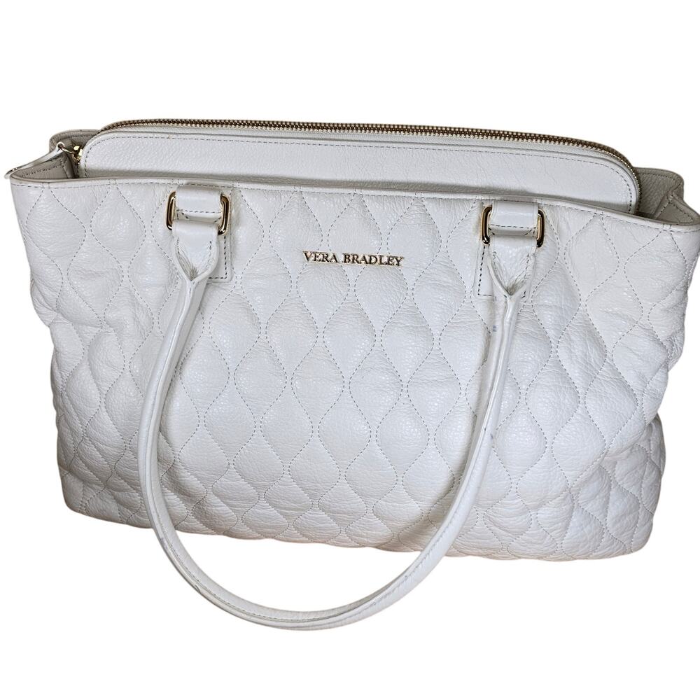 Vera Bradley Large White Quilted Leather Ella Bag Purse Handbag Hobo Tote - Picture 1 of 11